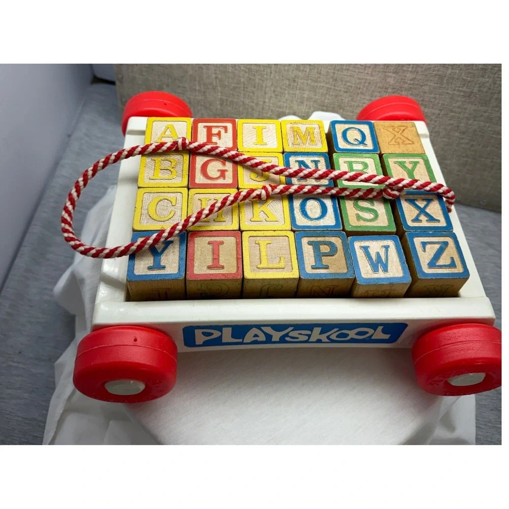 Vintage Plastic Playskool Rolling Pull Wagon with Wooden Alphabet Blocks